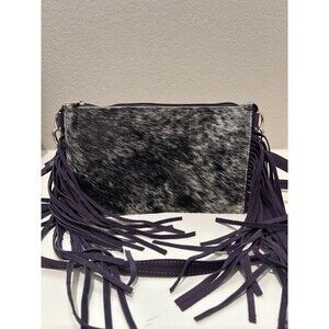 Western Linen Cowhide Purple Fringe Leather Crossbody Clutch Purse Rodeo